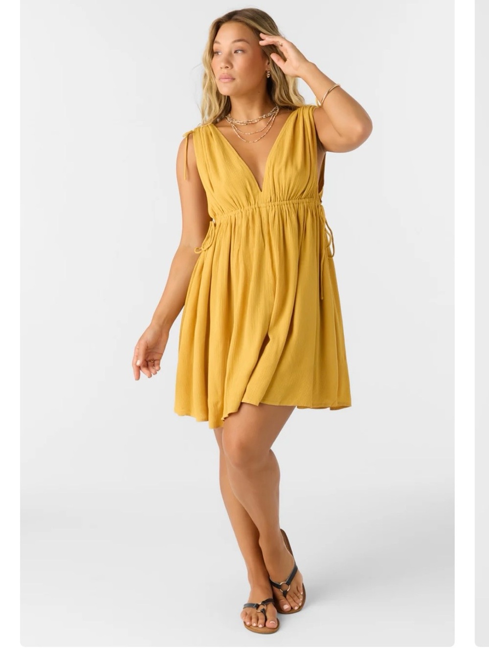 O'Neill Bright Gold V-Neck Tie-Shoulder Mini Dress